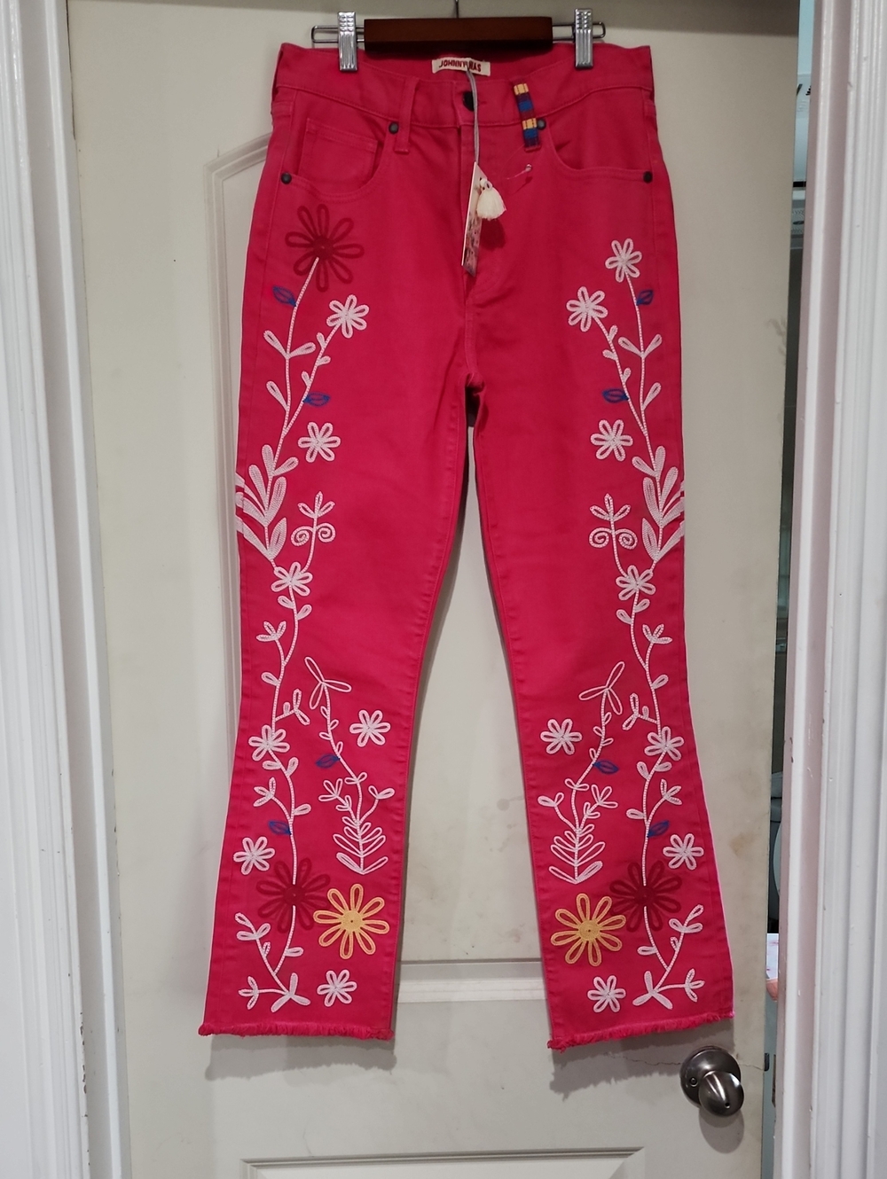 Ryan Cropped Baby Boot Jeans - Raspberry Floral Embroidery